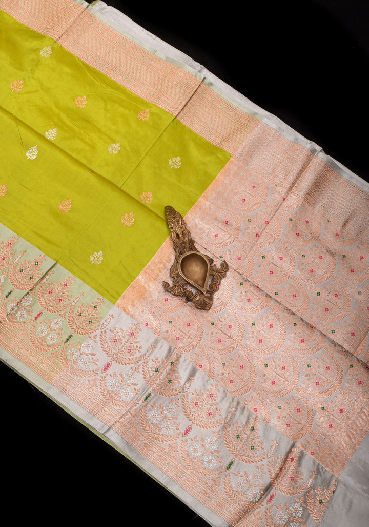 Chartreuse Stunning Pure Katan Silk Banarasi Saree with Two Layer scallop Meenakari  Border | SILK MARK CERTIFIED