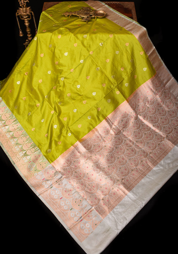 Chartreuse Stunning Pure Katan Silk Banarasi Saree with Two Layer scallop Meenakari  Border | SILK MARK CERTIFIED