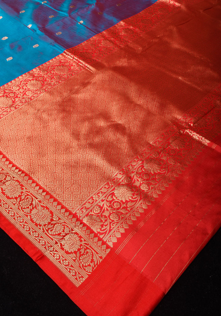 Cobalt Blue-Red Dual tone Banarasi Pure Katan Silk Saree with Floral Buttas and Red Borders | SILK MARK CERTIFIED