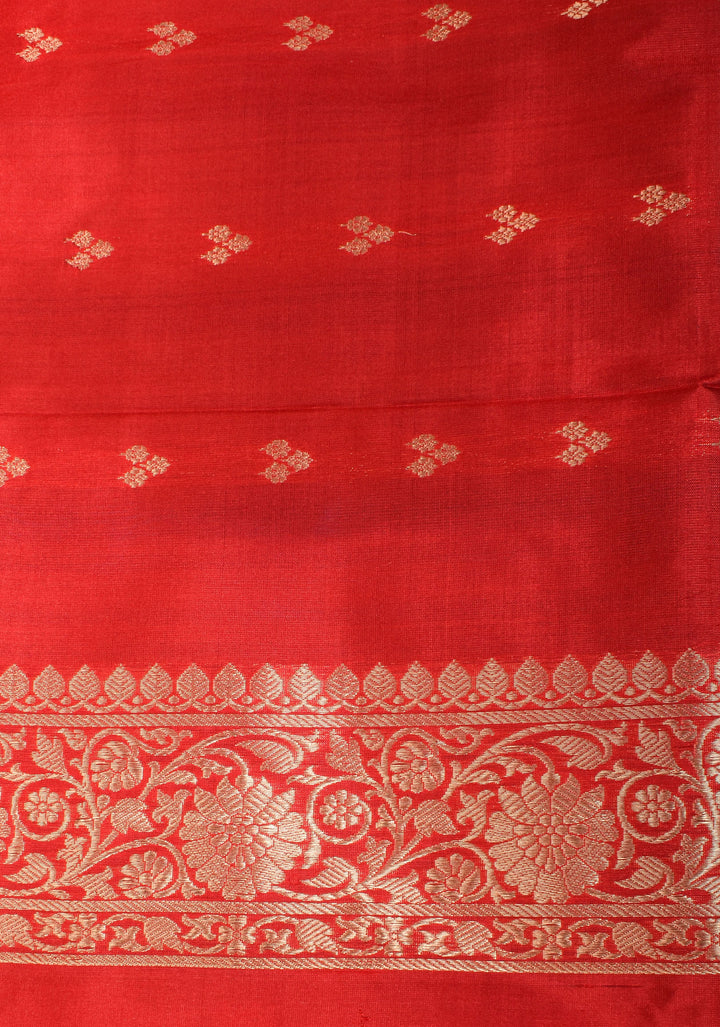 Cobalt Blue-Red Dual tone Banarasi Pure Katan Silk Saree with Floral Buttas and Red Borders | SILK MARK CERTIFIED