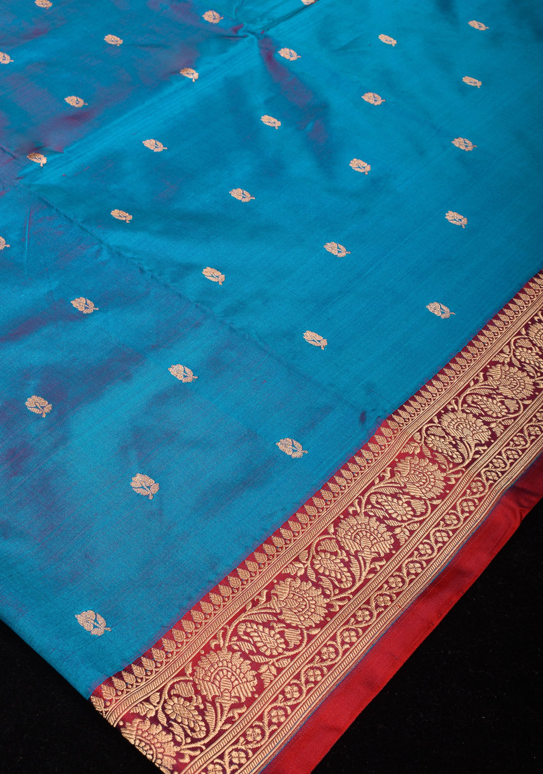 Cobalt Blue-Red Dual tone Banarasi Pure Katan Silk Saree with Floral Buttas and Red Borders | SILK MARK CERTIFIED