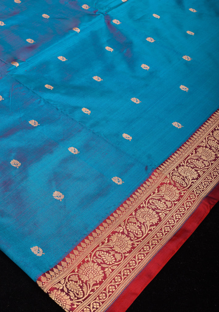 Cobalt Blue-Red Dual tone Banarasi Pure Katan Silk Saree with Floral Buttas and Red Borders | SILK MARK CERTIFIED