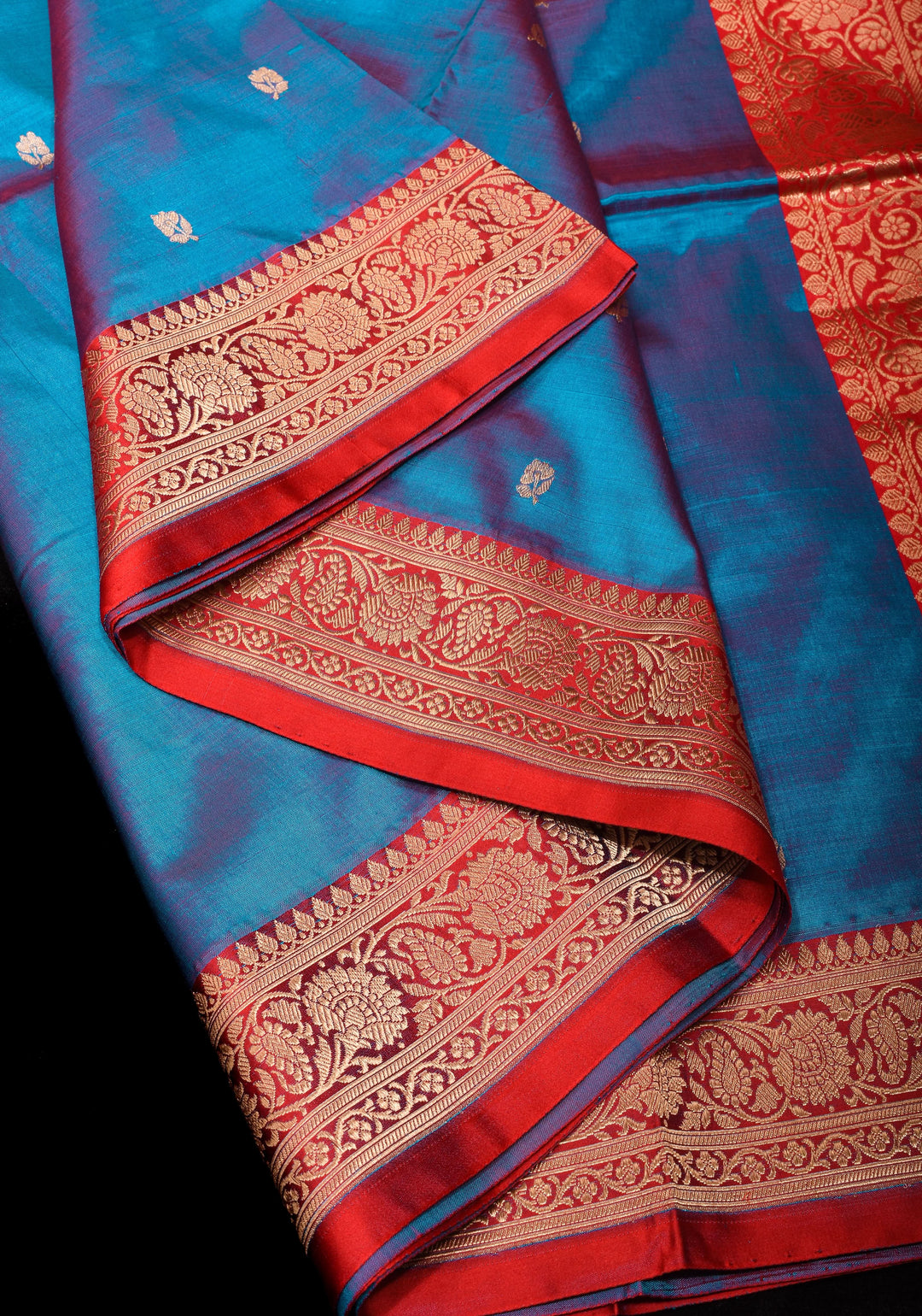 Cobalt Blue-Red Dual tone Banarasi Pure Katan Silk Saree with Floral Buttas and Red Borders | SILK MARK CERTIFIED