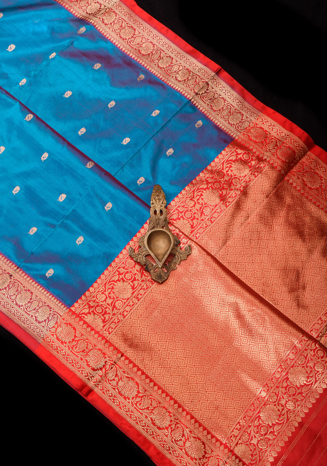 Cobalt Blue-Red Dual tone Banarasi Pure Katan Silk Saree with Floral Buttas and Red Borders | SILK MARK CERTIFIED