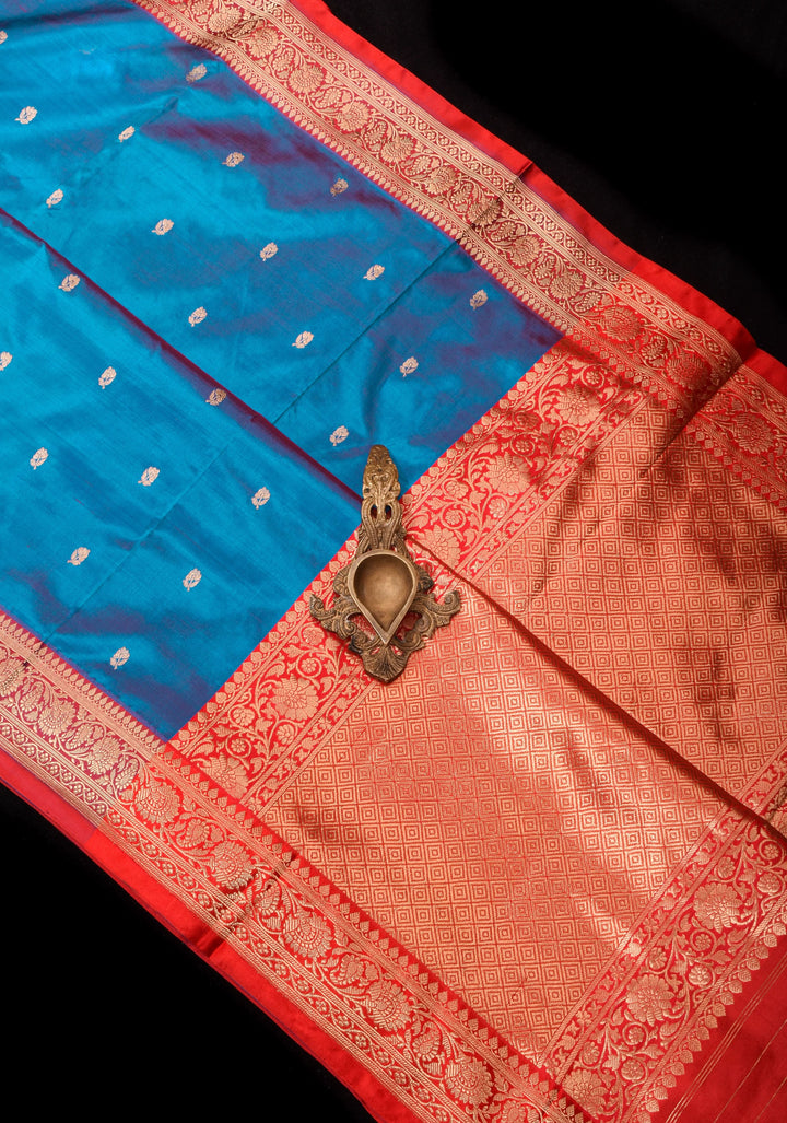 Cobalt Blue-Red Dual tone Banarasi Pure Katan Silk Saree with Floral Buttas and Red Borders | SILK MARK CERTIFIED