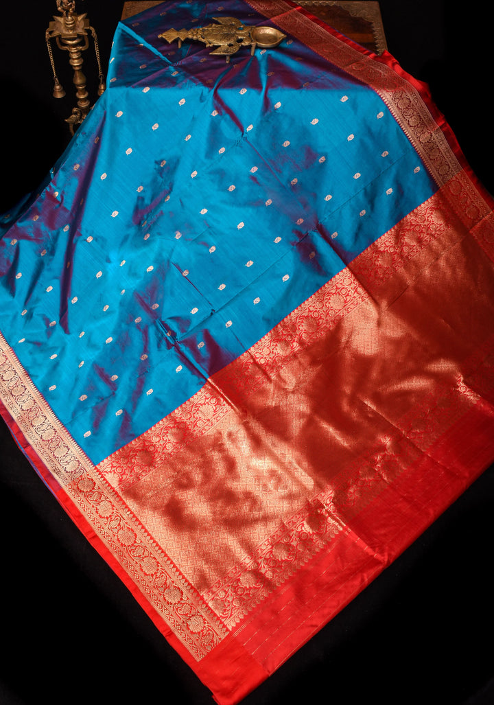 Cobalt Blue-Red Dual tone Banarasi Pure Katan Silk Saree with Floral Buttas and Red Borders | SILK MARK CERTIFIED