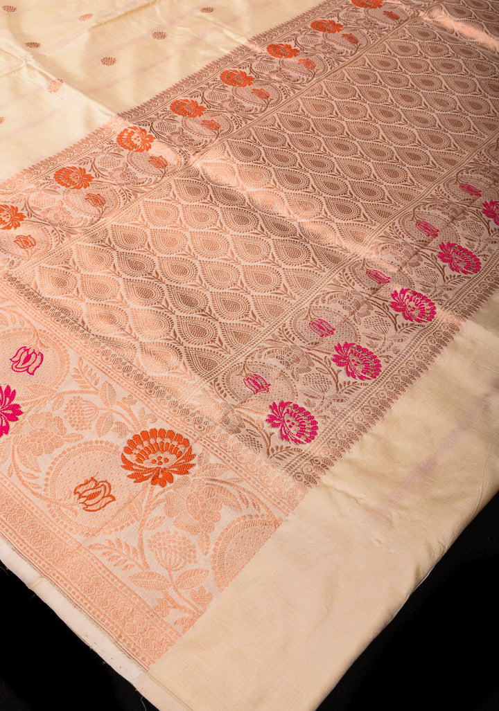 Cream Exquisite Floral Meenakari Border Banarasi Katan Silk Saree | SILK MARK CERTIFIED