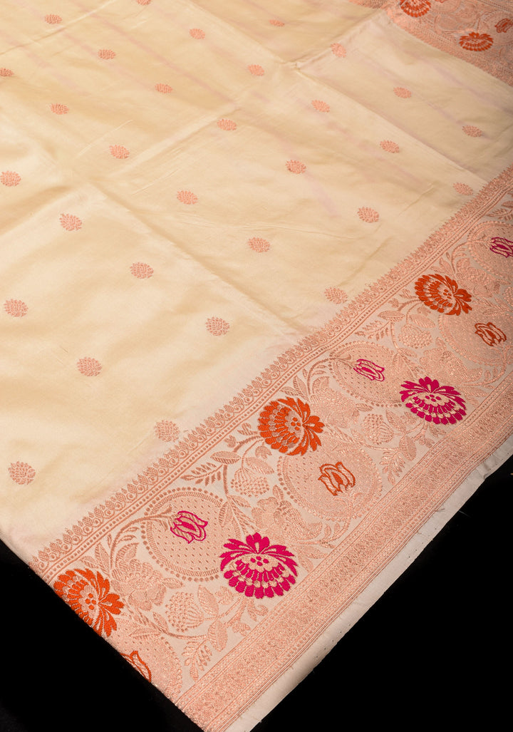 Cream Exquisite Floral Meenakari Border Banarasi Katan Silk Saree | SILK MARK CERTIFIED
