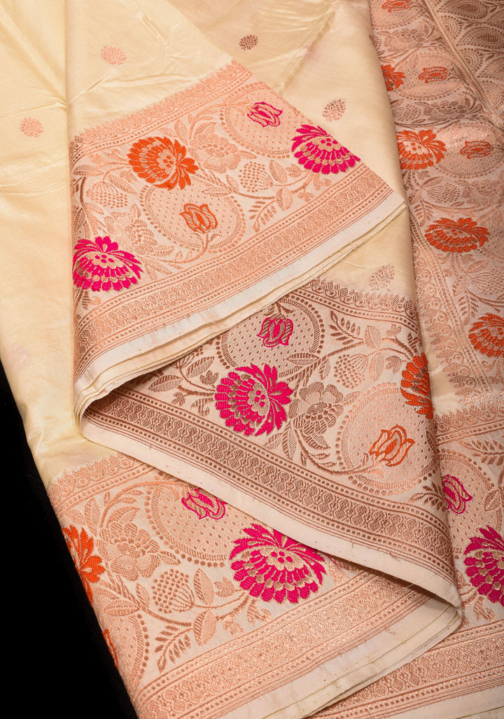 Cream Exquisite Floral Meenakari Border Banarasi Katan Silk Saree | SILK MARK CERTIFIED