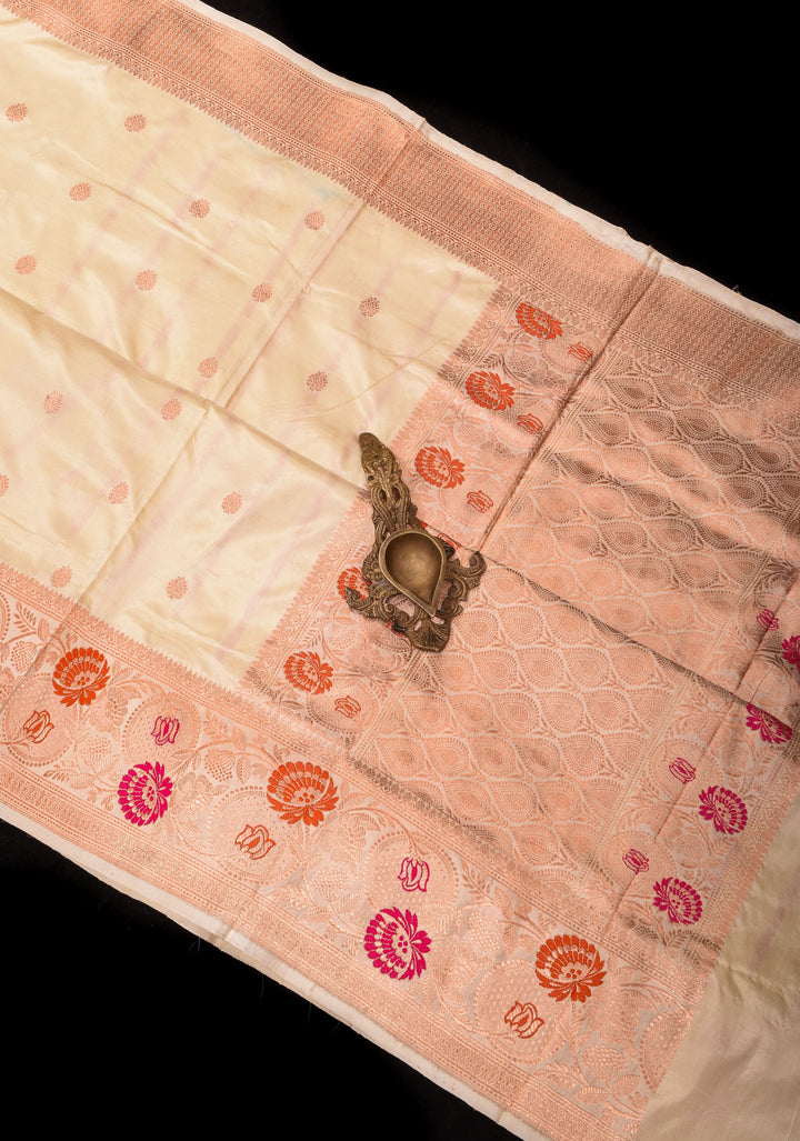 Cream Exquisite Floral Meenakari Border Banarasi Katan Silk Saree | SILK MARK CERTIFIED