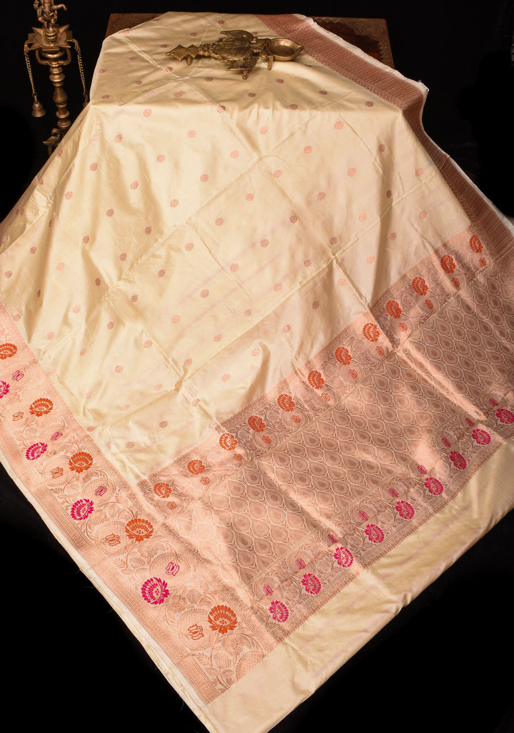 Cream Exquisite Floral Meenakari Border Banarasi Katan Silk Saree | SILK MARK CERTIFIED