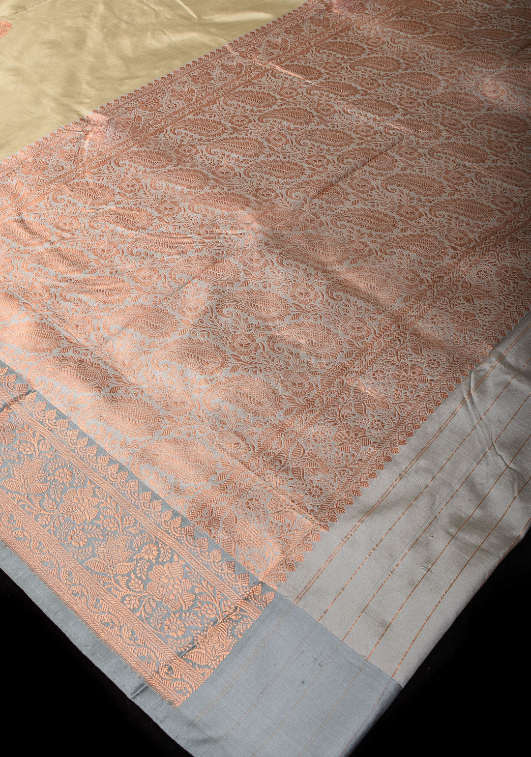 Dewy Green Banarasi Pure Katan Silk Saree with floral Buttas and Gray Borders | SILK MARK CERTIFIED