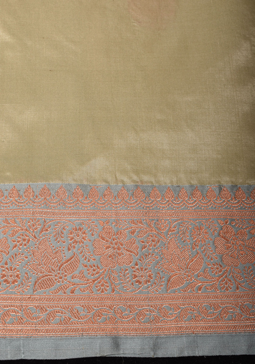 Dewy Green Banarasi Pure Katan Silk Saree with floral Buttas and Gray Borders | SILK MARK CERTIFIED