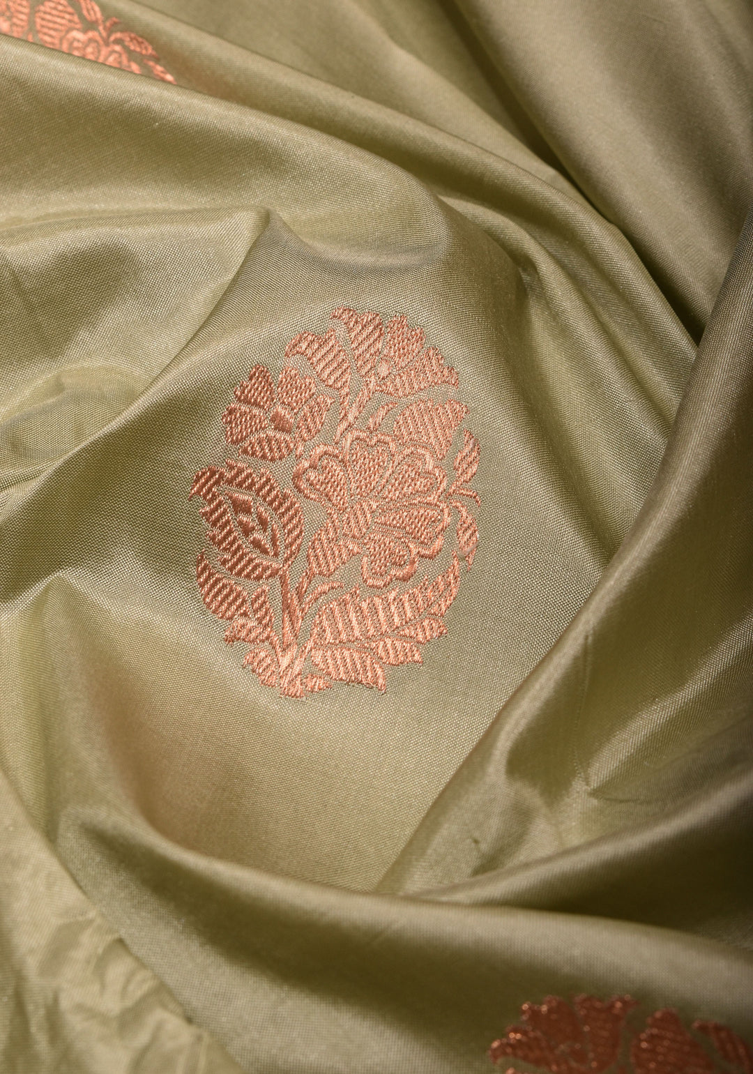 Dewy Green Banarasi Pure Katan Silk Saree with floral Buttas and Gray Borders | SILK MARK CERTIFIED
