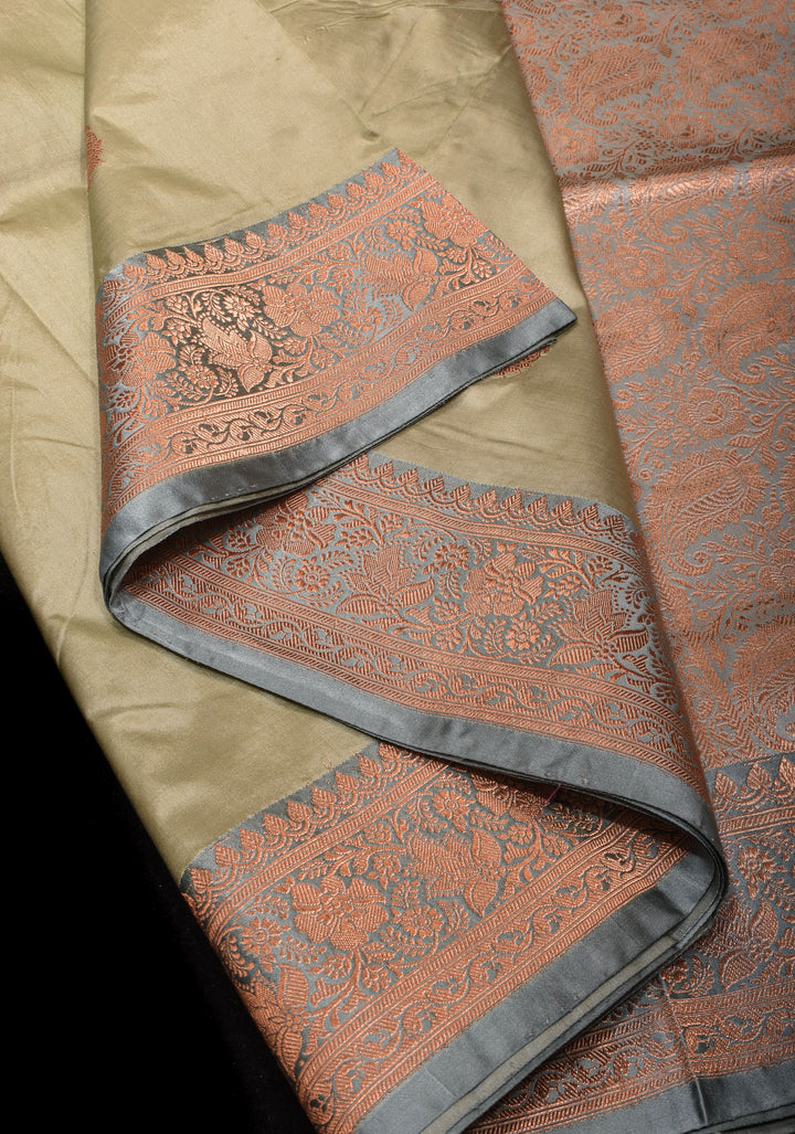 Dewy Green Banarasi Pure Katan Silk Saree with floral Buttas and Gray Borders | SILK MARK CERTIFIED