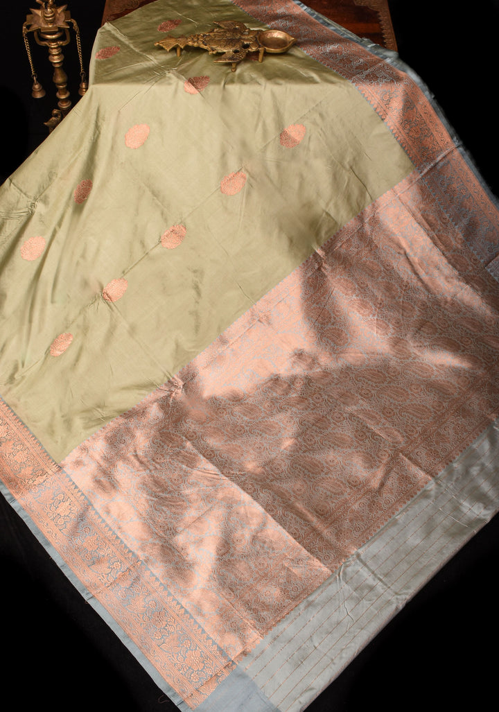 Dewy Green Banarasi Pure Katan Silk Saree with floral Buttas and Gray Borders | SILK MARK CERTIFIED