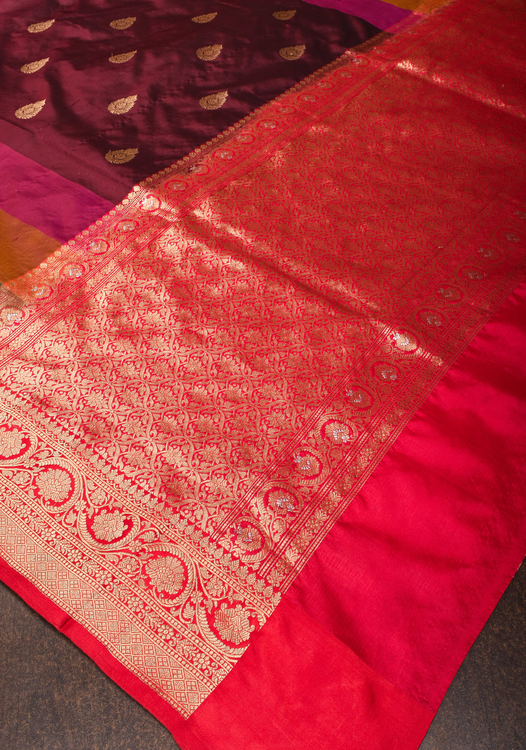 Maroon Banarasi Katan Silk Saree with Zari Buttas and Stacked Multicolor Border | SILK MARK CERTIFIED