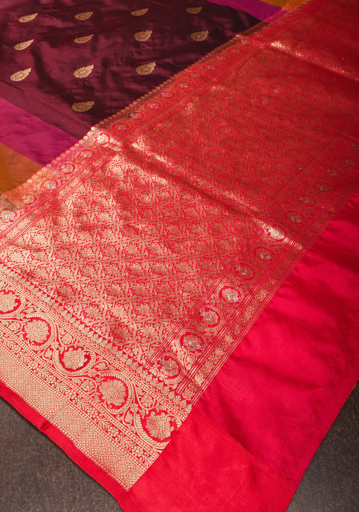 Maroon Banarasi Katan Silk Saree with Zari Buttas and Stacked Multicolor Border | SILK MARK CERTIFIED