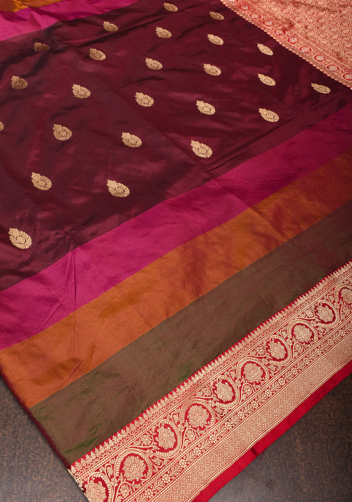 Maroon Banarasi Katan Silk Saree with Zari Buttas and Stacked Multicolor Border | SILK MARK CERTIFIED