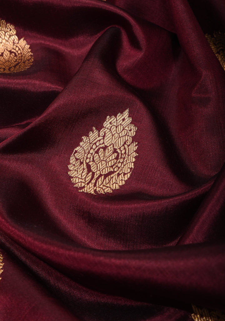 Maroon Banarasi Katan Silk Saree with Zari Buttas and Stacked Multicolor Border | SILK MARK CERTIFIED