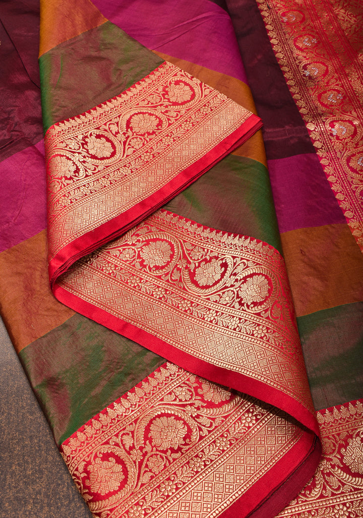 Maroon Banarasi Katan Silk Saree with Zari Buttas and Stacked Multicolor Border | SILK MARK CERTIFIED