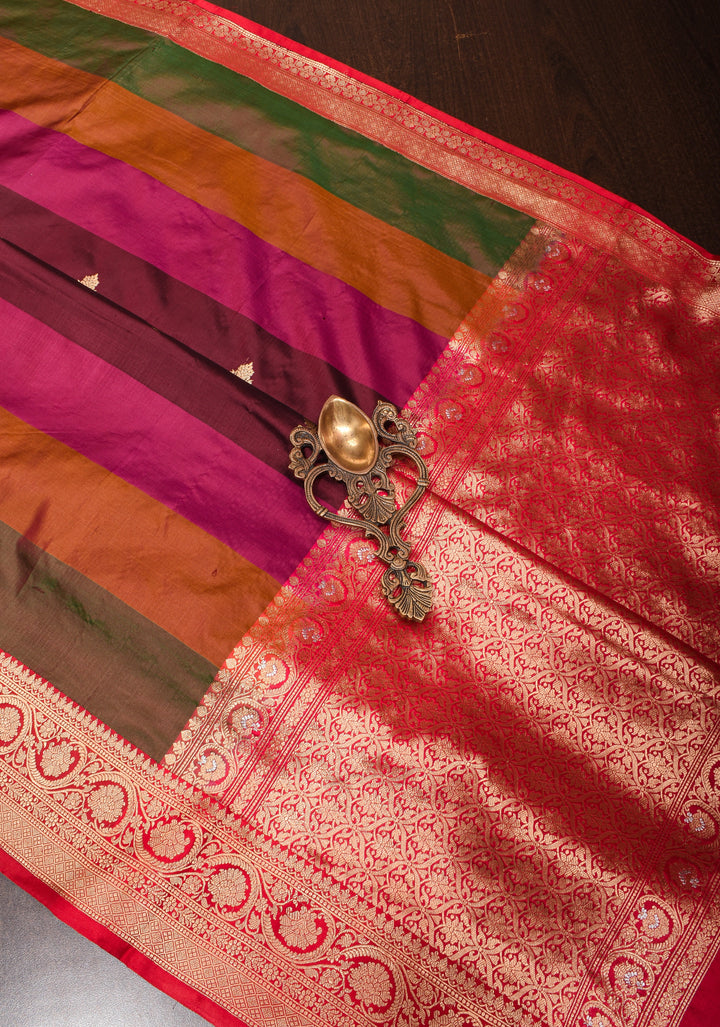 Maroon Banarasi Katan Silk Saree with Zari Buttas and Stacked Multicolor Border | SILK MARK CERTIFIED