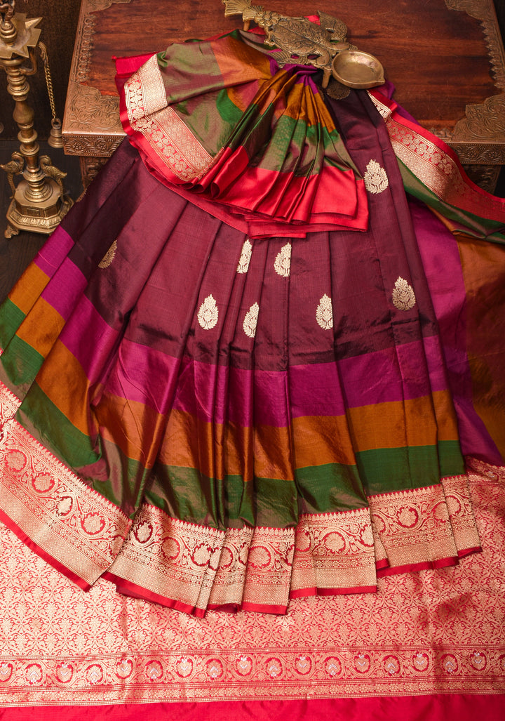 Maroon Banarasi Katan Silk Saree with Zari Buttas and Stacked Multicolor Border | SILK MARK CERTIFIED