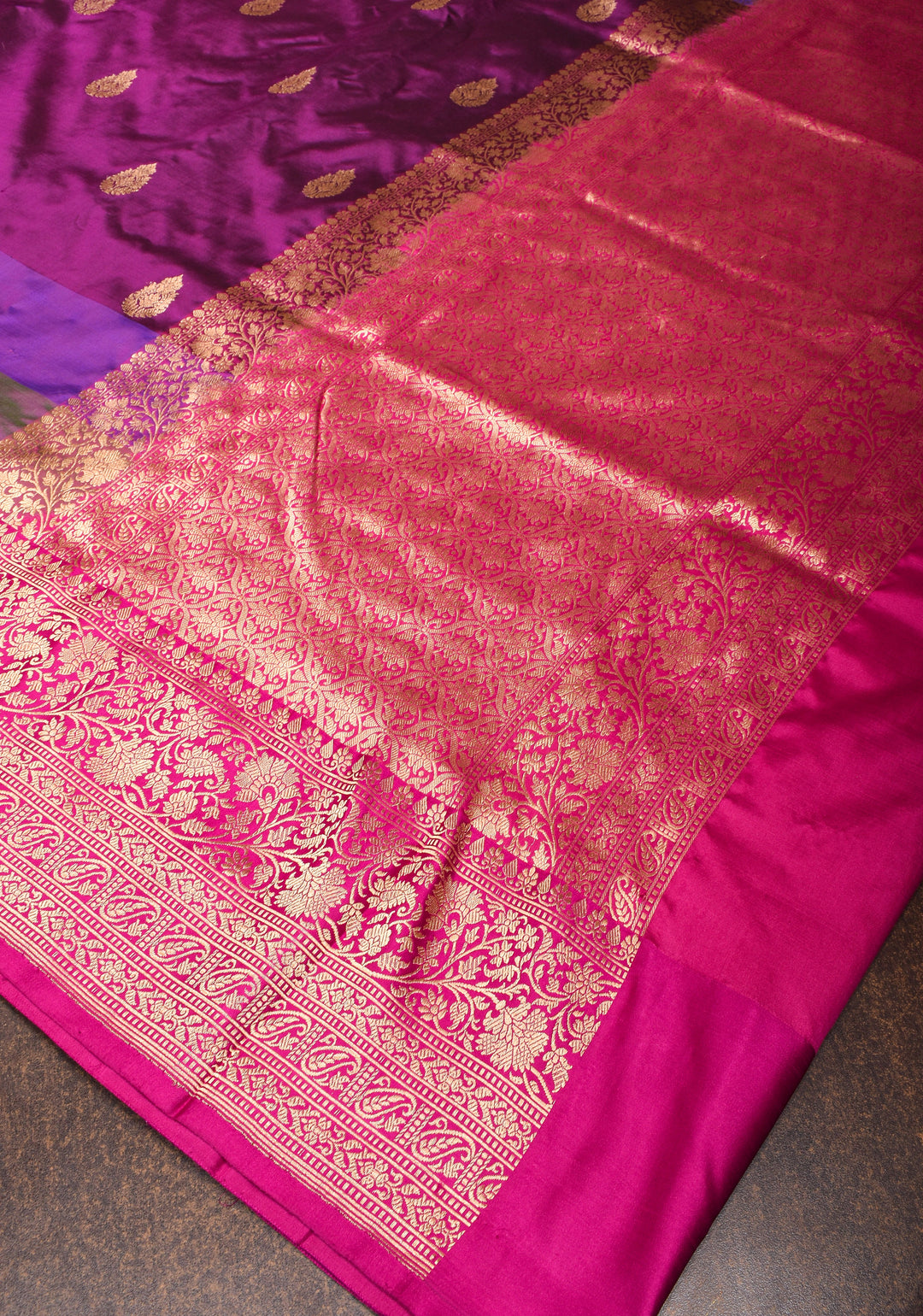 Purple Pure Banarasi Katan Silk Saree with Multicolor Stripes and Contrast Zari Border | SILK MARK CERTIFIED