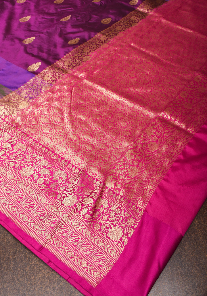 Purple Pure Banarasi Katan Silk Saree with Multicolor Stripes and Contrast Zari Border | SILK MARK CERTIFIED