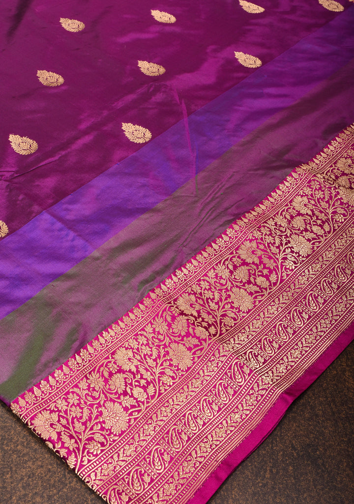 Purple Pure Banarasi Katan Silk Saree with Multicolor Stripes and Contrast Zari Border | SILK MARK CERTIFIED