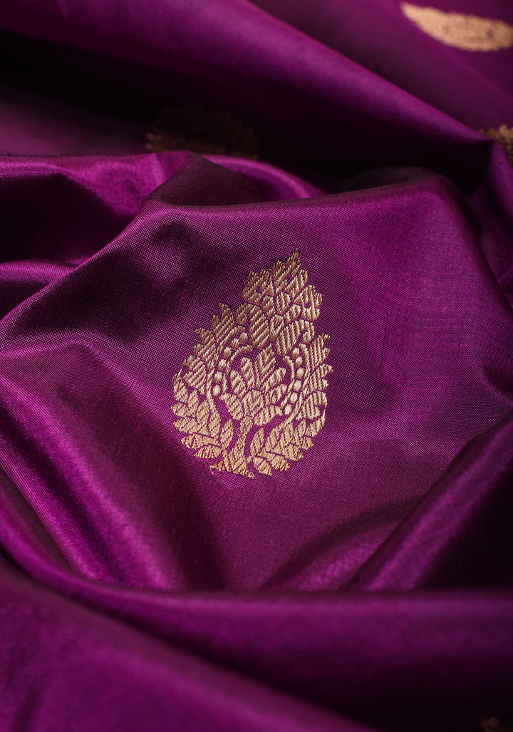 Purple Pure Banarasi Katan Silk Saree with Multicolor Stripes and Contrast Zari Border | SILK MARK CERTIFIED
