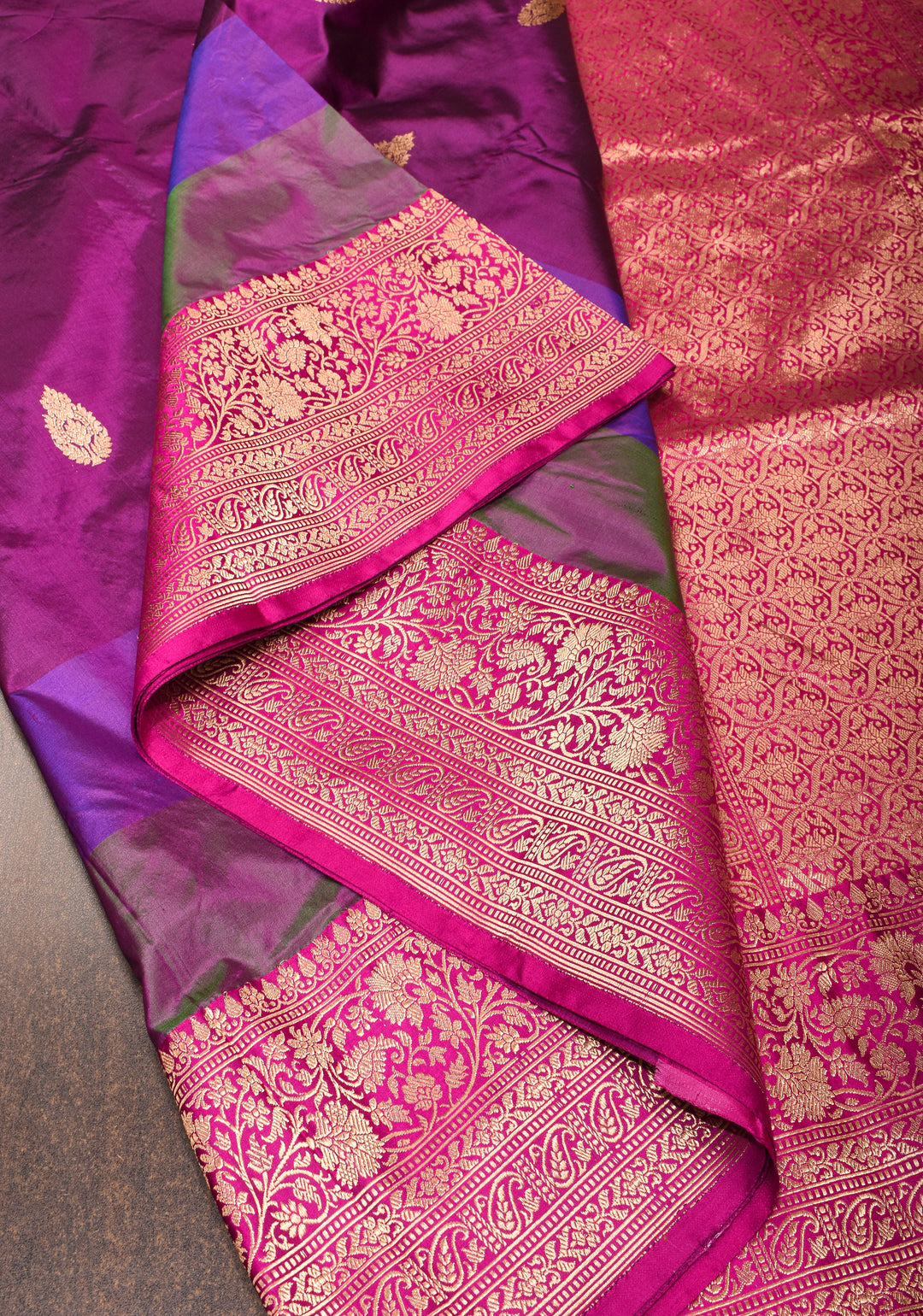 Purple Pure Banarasi Katan Silk Saree with Multicolor Stripes and Contrast Zari Border | SILK MARK CERTIFIED