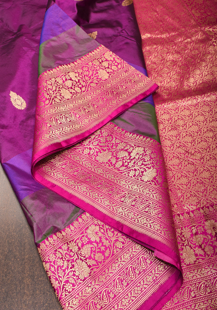 Purple Pure Banarasi Katan Silk Saree with Multicolor Stripes and Contrast Zari Border | SILK MARK CERTIFIED