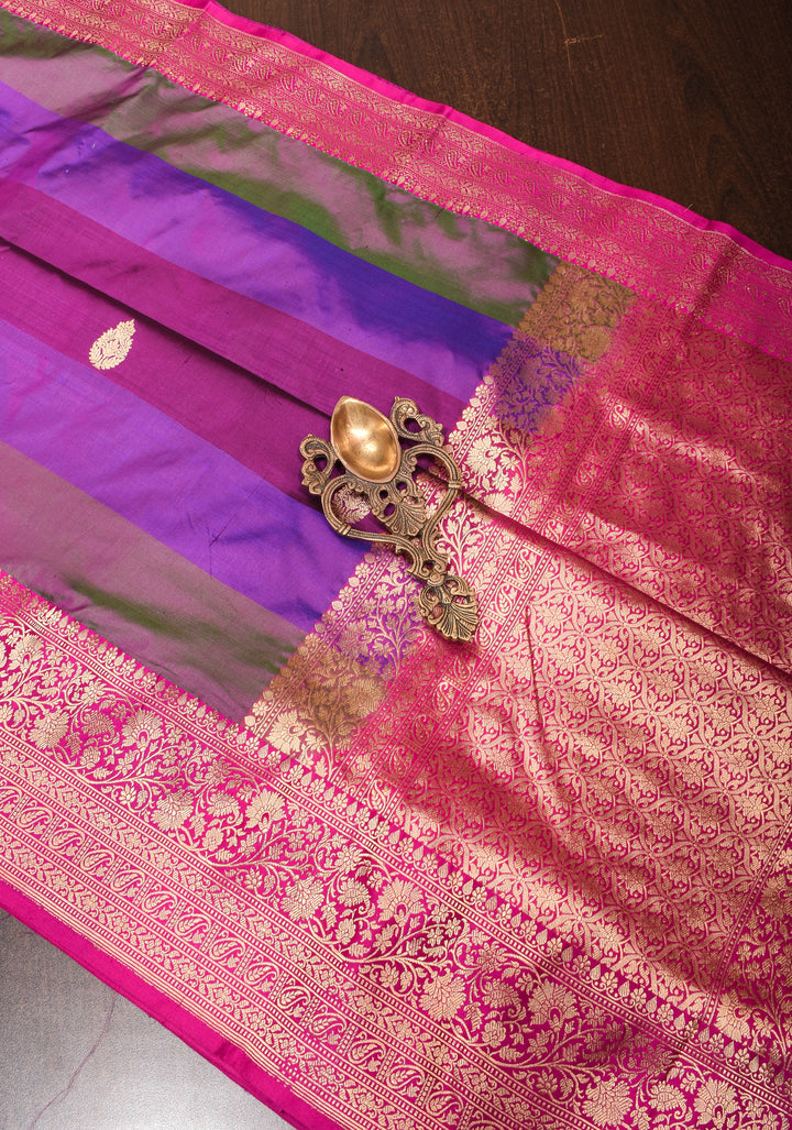 Purple Pure Banarasi Katan Silk Saree with Multicolor Stripes and Contrast Zari Border | SILK MARK CERTIFIED