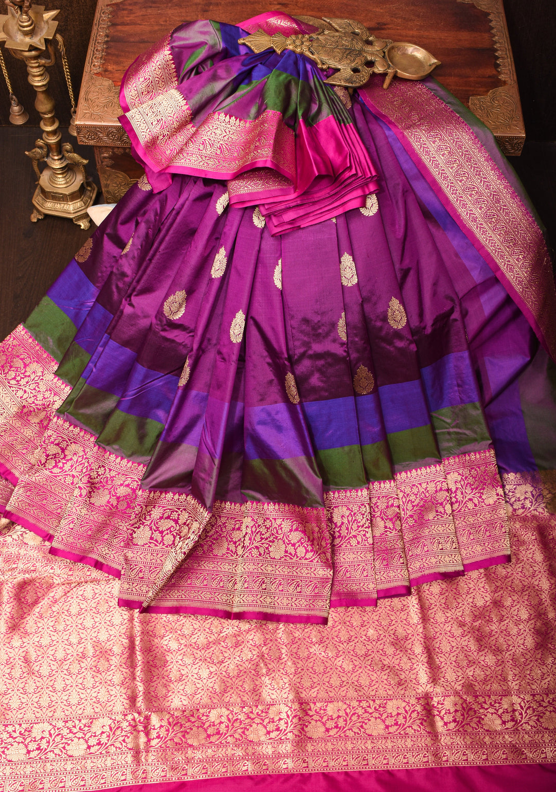 Purple Pure Banarasi Katan Silk Saree with Multicolor Stripes and Contrast Zari Border | SILK MARK CERTIFIED