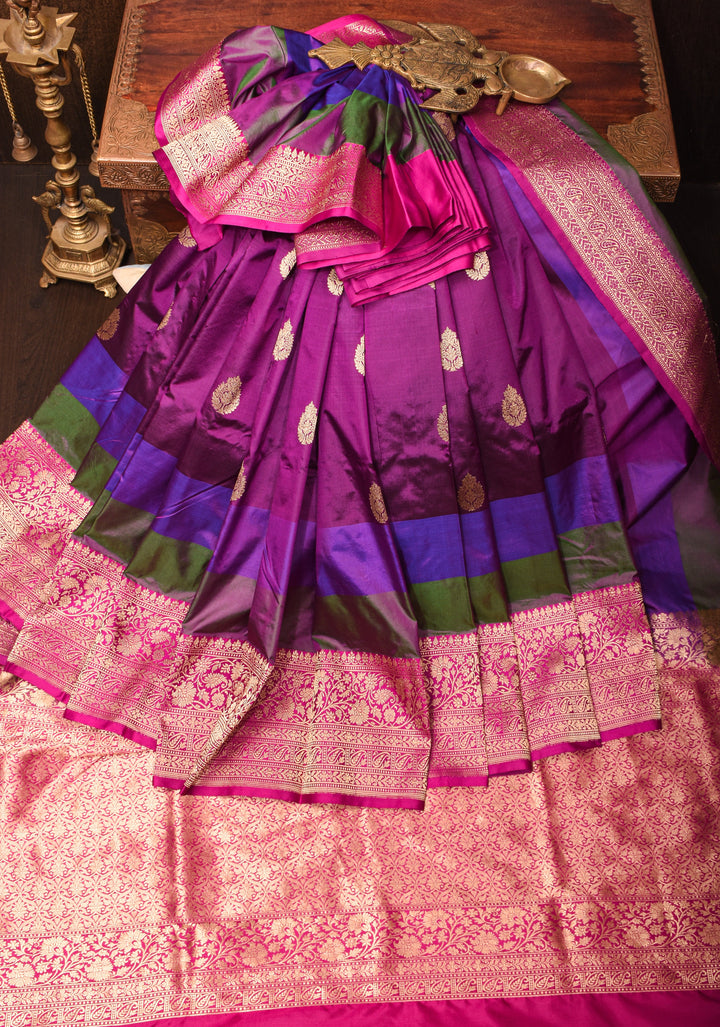 Purple Pure Banarasi Katan Silk Saree with Multicolor Stripes and Contrast Zari Border | SILK MARK CERTIFIED