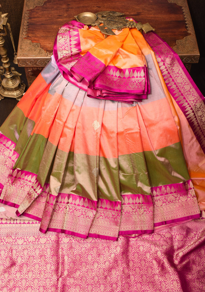Kesari Mustard Dual tone Pure Banarasi Katan Silk Saree with Multicolor Stripes and Pink Contrast Border | SILK MARK CERTIFIED
