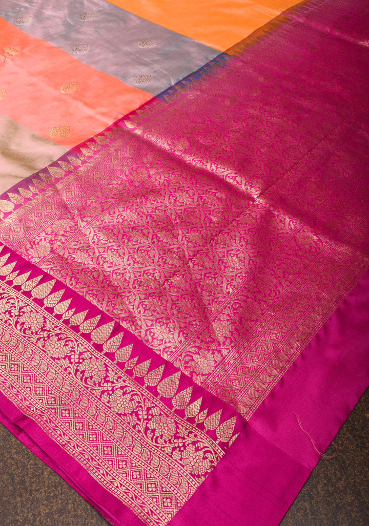 Kesari Mustard Dual tone Pure Banarasi Katan Silk Saree with Multicolor Stripes and Pink Contrast Border | SILK MARK CERTIFIED