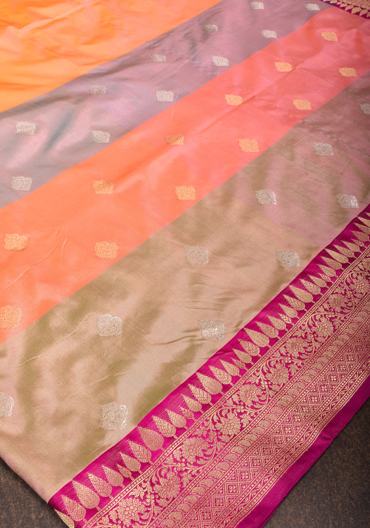 Kesari Mustard Dual tone Pure Banarasi Katan Silk Saree with Multicolor Stripes and Pink Contrast Border | SILK MARK CERTIFIED