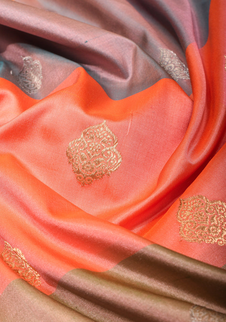 Kesari Mustard Dual tone Pure Banarasi Katan Silk Saree with Multicolor Stripes and Pink Contrast Border | SILK MARK CERTIFIED