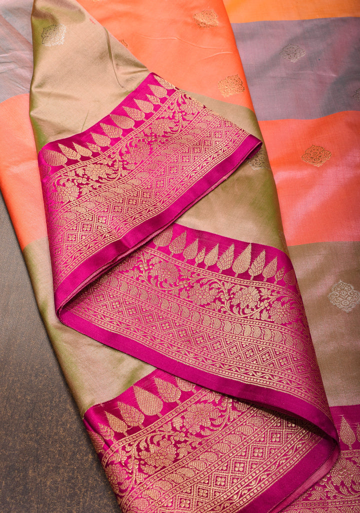 Kesari Mustard Dual tone Pure Banarasi Katan Silk Saree with Multicolor Stripes and Pink Contrast Border | SILK MARK CERTIFIED