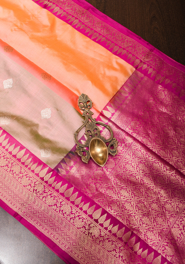 Kesari Mustard Dual tone Pure Banarasi Katan Silk Saree with Multicolor Stripes and Pink Contrast Border | SILK MARK CERTIFIED