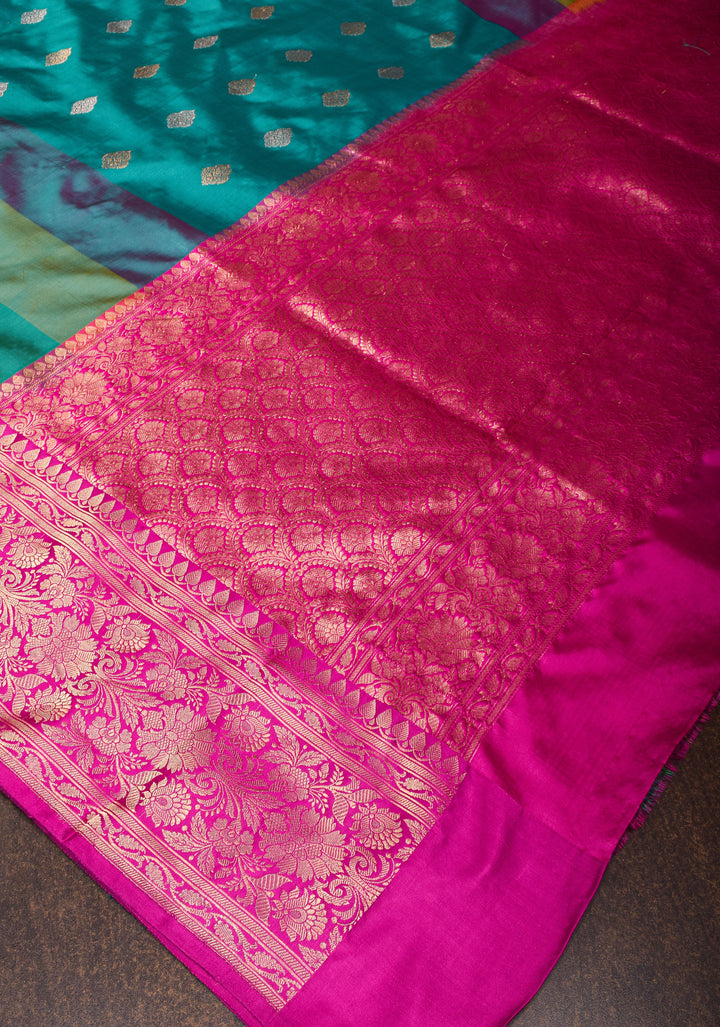 Rama Green Pure Banarasi Katan Silk Saree with Multicolor Stripes and Contrast Zari Border | SILK MARK CERTIFIED