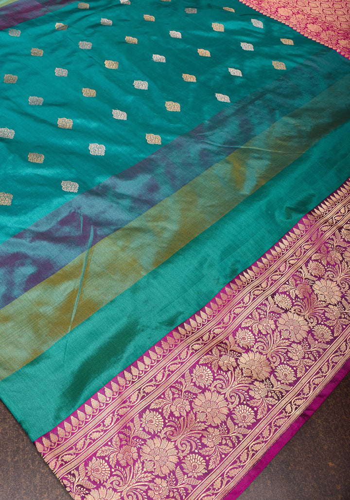 Rama Green Pure Banarasi Katan Silk Saree with Multicolor Stripes and Contrast Zari Border | SILK MARK CERTIFIED