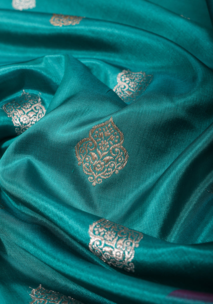 Rama Green Pure Banarasi Katan Silk Saree with Multicolor Stripes and Contrast Zari Border | SILK MARK CERTIFIED