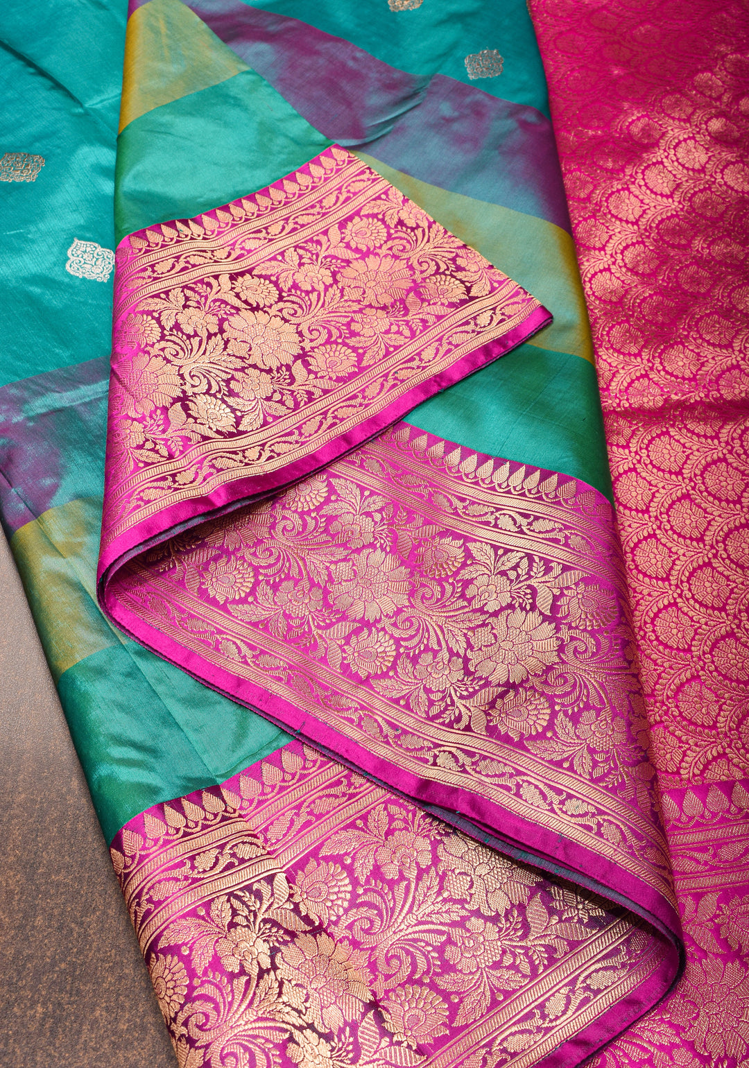 Rama Green Pure Banarasi Katan Silk Saree with Multicolor Stripes and Contrast Zari Border | SILK MARK CERTIFIED