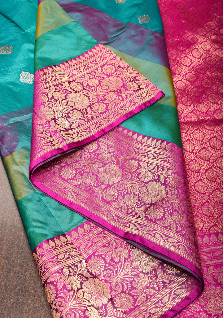 Rama Green Pure Banarasi Katan Silk Saree with Multicolor Stripes and Contrast Zari Border | SILK MARK CERTIFIED