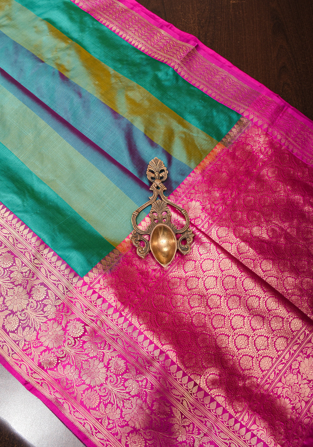 Rama Green Pure Banarasi Katan Silk Saree with Multicolor Stripes and Contrast Zari Border | SILK MARK CERTIFIED