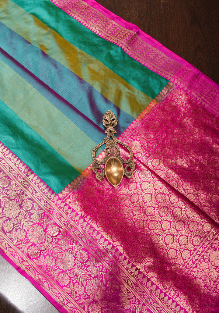 Rama Green Pure Banarasi Katan Silk Saree with Multicolor Stripes and Contrast Zari Border | SILK MARK CERTIFIED