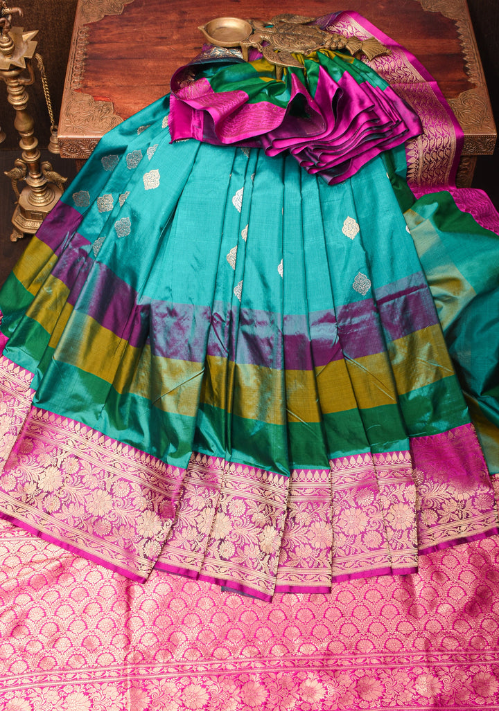 Rama Green Pure Banarasi Katan Silk Saree with Multicolor Stripes and Contrast Zari Border | SILK MARK CERTIFIED